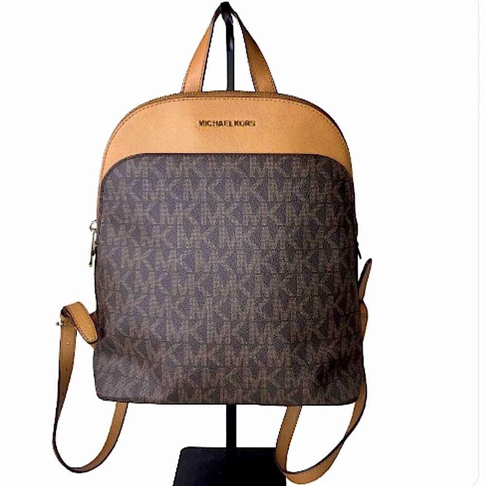 MICHAEL KORS Tan Leather & MK Monogram Brown Coated Canvas Ipad Backpack NWT